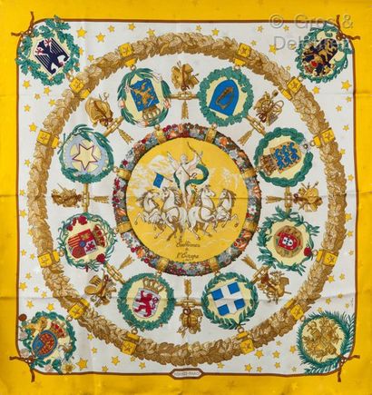 HERMES Paris *Silk twill square printed and titled "Emblems of Europe", yellow margin....