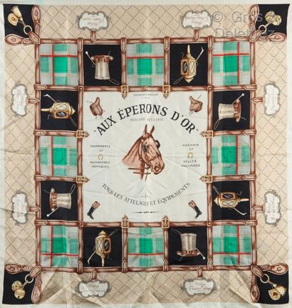 HERMES Paris *Silk twill square printed and titled "Aux Eperons d'or" in shades of...