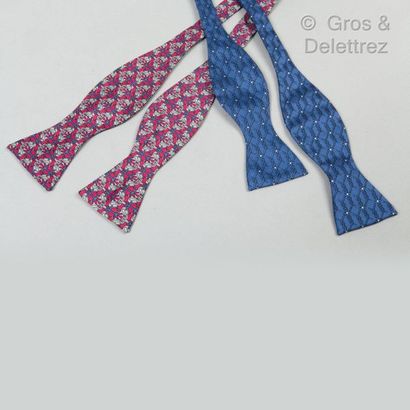 HERMES Paris *Lot composed of two silk twill bow ties printed with various motifs,...