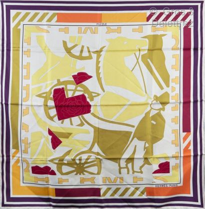 HERMÈS Paris made in France *Silk printed twill square titled "Puzzle", white background,...