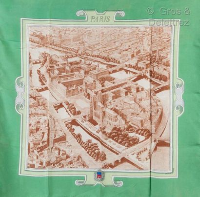 HERMES Paris *Printed silk square titled "Paris", green margin. Good condition (small...