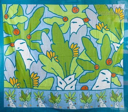 HERMÈS Paris made in France *Pareo in printed cotton voile with flower decoratio...
