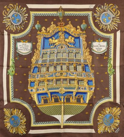 HERMES Paris *Square in printed silk twill titled "Le Soleil Royal", marron glacé...