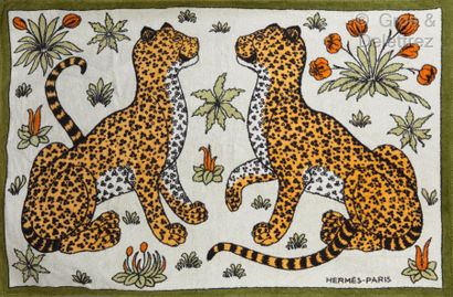 HERMÈS Paris made in France *Beach towel in printed cotton terry cloth with two panthers,...