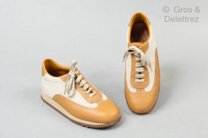 HERMES Paris made in Italy *Pair of "Quick" runners laced in beige heathered H canvas...