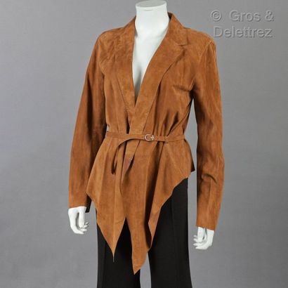 HERMÈS Paris made in France *Cocoa velvet lambskin jacket, notched shawl collar,...