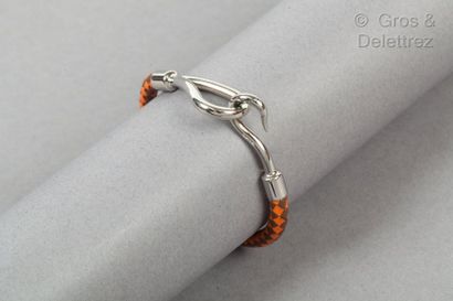 HERMES Paris *Bracelet "Jumbo" in braided leather two-tone orange and brown, silver...