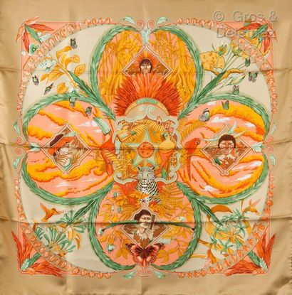 HERMES Paris *Silk twill square printed and titled "Amazonia" in orange tones. Very...