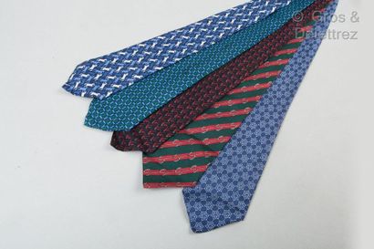 HERMES Paris *Lot of five silk ties printed with various patterns in blue, grey and...