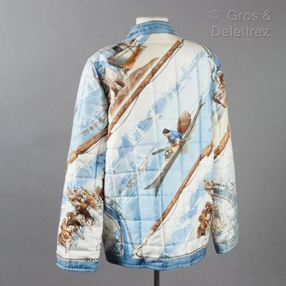 HERMES Paris *Reversible navy corduroy and silk twill jacket printed and titled "Greenland",...