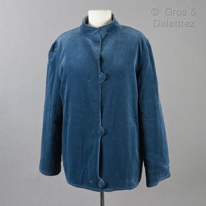 HERMES Paris *Reversible navy corduroy and silk twill jacket printed and titled "Greenland",...