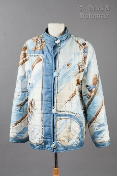 HERMES Paris *Reversible navy corduroy and silk twill jacket printed and titled "Greenland",...