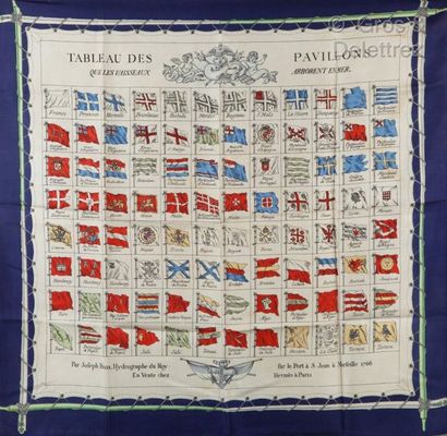 HERMES Paris *Silk twill square printed and titled "Table of Flags", blue margin....