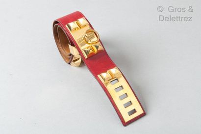HERMÈS Paris made in France * Belt " Dog collar " 48mm in red box H, gold metal studs...