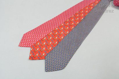 HERMES Paris *Lot of three silk ties printed with various patterns (rabbits, seagulls,...