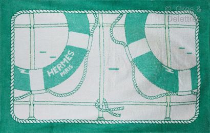 HERMES Paris *Sponge cotton beach towel decorated with buoys and ropes, green water...