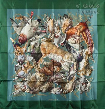 HERMES Paris *Square in printed silk twill titled "Tableau de chasse", in green tones....