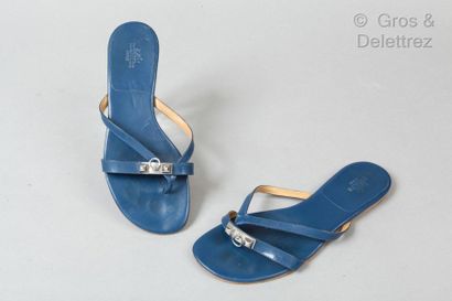 HERMÈS Paris made in Spain *Pair of night blue lambskin leather sandals, bridle topped...