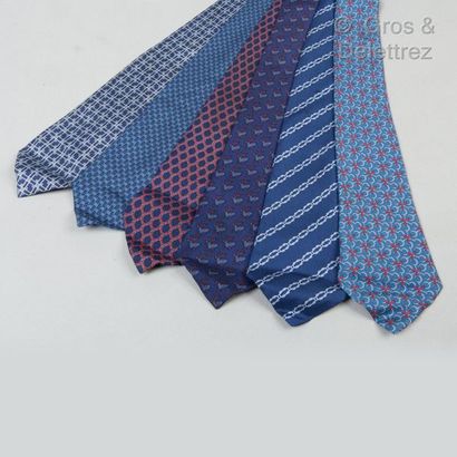 HERMES Paris *Lot of six silk ties printed with various patterns in shades of blue....