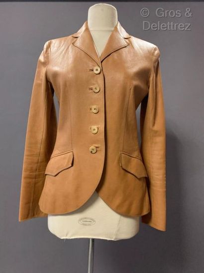 HERMÈS Paris made in France Jacket in gold calfskin, notched shawl collar, single-breasted,...