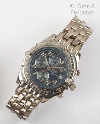 BREITLING "1884" - Steel chronograph watch, round case, blue dial with three counters....