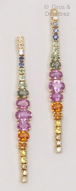 null Pair of yellow gold earrings with a rainbow of gemstones. Length: 6cm. Weight:...