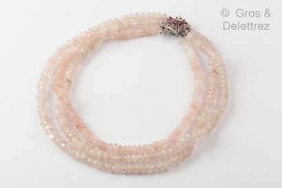 null Necklace composed of three rows of faceted pink quartz beads. The white gold...