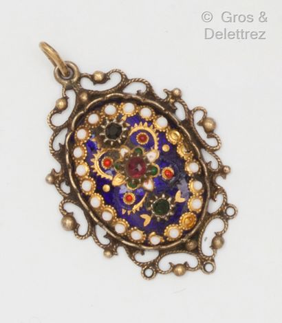null Silver pendant, decorated with Bresse enamels and set with red and green stones....