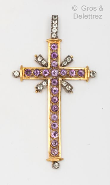 null Pendant "Cross" in yellow gold and silver, adorned with rose cut amethysts on...