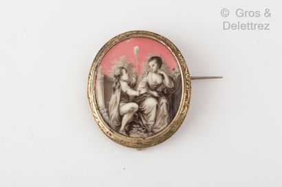null Oval metal brooch, decorated with a grisaille on mother-of-pearl representing...