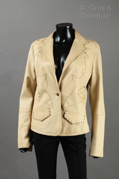 Just CAVALLI Veste en cuir agneau beige clouté, ornée de motifs en application, col...