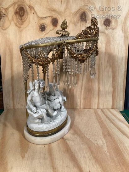 null Leblond. Biscuit group depicting two lovebirds mounted as a lamp and surmounted...