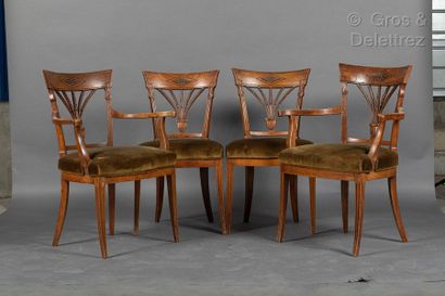 null Pair of armchairs and pair of wooden chairs with openwork backrest of a wheat...