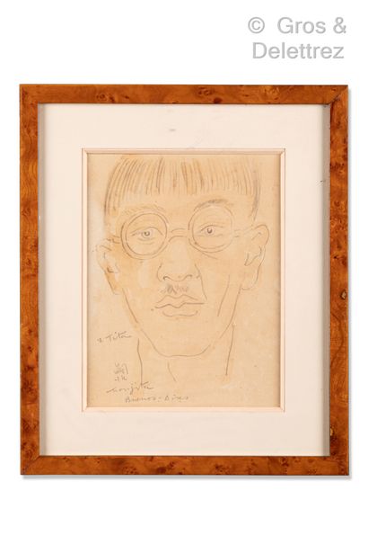 null LÉONARD FOUJITA (1886 - 1968) Autoportrait, 1932 Crayon et aquarelle sur papier....