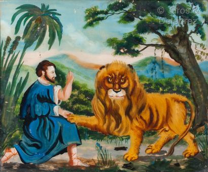 null ECOLE NAIVE Saint Jérôme et le lion Peinture sous verre Alsace (?), XIXe 34...