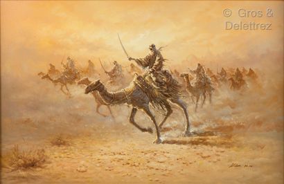 null EASTERN SCHOOL Charge of camel riders Oil on canvas signed KRIM H. g. (?) lower...