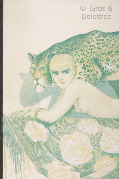 null Ecole du XXe siècle Femme nue étendue au léopard Reproduction 18 x 28 cm. Taches...