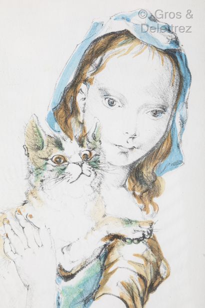 null LÉONARD FOUJITA (1886 - 1968) Jeune fille au chat, 1959 Lithographie en couleurs...