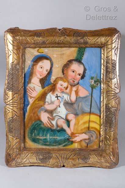 null ECOLE NAIVE Sainte Famille Peinture sous verre Alsace (?), XIXe.