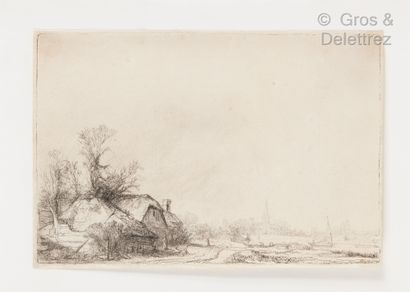 Rembrandt VAN RIJN (1606 - 1669) Cottage near a canal with a view of the town of...