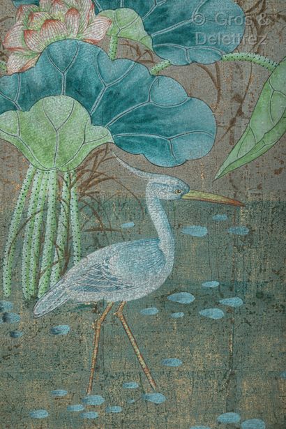 JAPON Small screen with four leaves decorated on a silver background with water birds,...