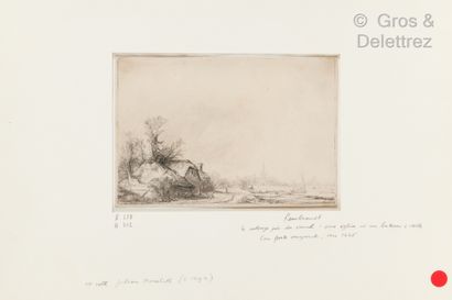 Rembrandt VAN RIJN (1606 - 1669) Cottage near a canal with a view of the town of...