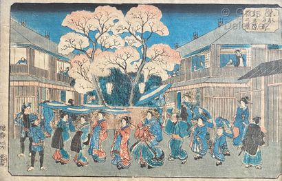 JAPON Lot composed of two Hiroshige prints and a courtesan under a tree