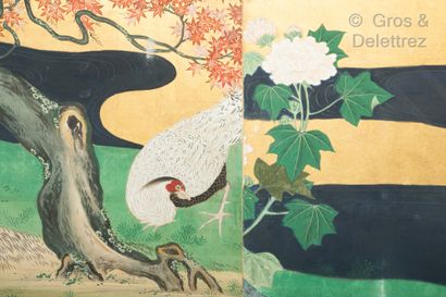 JAPON A large six-leaf folding screen depicting cranes in front of a mountainous...