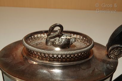 null Oval teapot of right form out of plain silver, posed on a small moulded frame,...