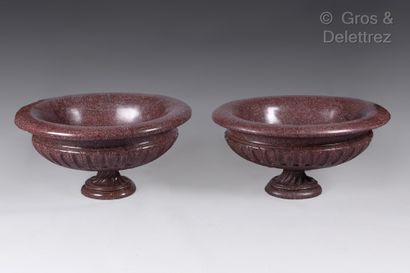  Rare pair of impressive oval basins in molded and carved porphyry, the upper part...