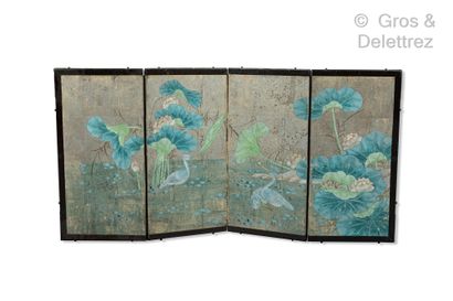 JAPON Small screen with four leaves decorated on a silver background with water birds,...