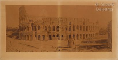 École du XIXe siècle Vue du Forum romain depuis le temple de Saturne et le Colisée...