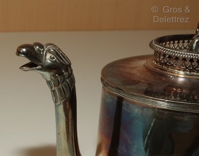 null Oval teapot of right form out of plain silver, posed on a small moulded frame,...