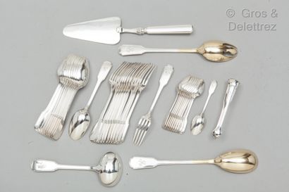 KELLER Part of a silver dessert cutlery set, Noailles model with tri-lobed spatula,...